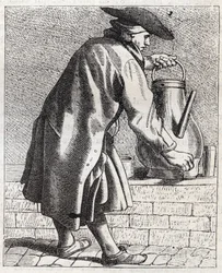 Kaffehandleren - Pepetit metier de Paris (Studier tatt i det nedre folket, eller Cris of Paris) - gravering av Edme Bouchardon (1698-1762)