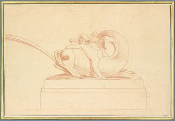 Vannsprutende delfin til venstre med en amor. 1737