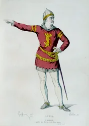 Kostyme for Don Rodrigue eller Le Cid i scene 2 av akt II i «Le Cid» av Pierre Corneille (1606-1684). Illustrasjon av Edmond Geffroy (1804-1895), 1800-tallet, Paris, Comédie-Française