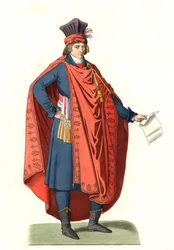 Drakt av en representant for folket, Frankrike 1700-tallet, etter en moderne gravering - Litografi basert på en illustrasjon av Edmond Lechevallier-Chevignard (1825-1902), hentet fra "Costumes historique des 16e