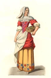 Fransk bonde fra 1600-tallet, fra en gravering av Jean Saint Jean - Litografi fra en illustrasjon av Edmond Lechevallier-Chevignard (1825-1902), fra "Costumes historiques des 16th