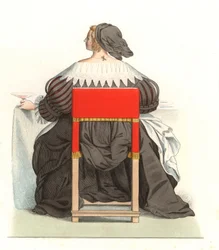 Fransk kvinne fra 1600-tallet, fra en gravering av Abraham Bosse (1602-1676) - Litografi fra en illustrasjon av Edmond Lechevallier-Chevignard (1825-1902), fra "Costumes historiques des 16th
