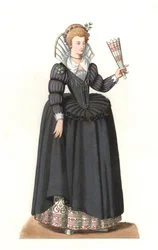 Fransk kvinne under kong Henry III (1551-1589) - Litografi basert på en illustrasjon av Edmond Lechevallier-Chevignard (1825-1902), fra "Costumes historiques des 16th