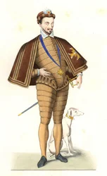 Kong Henry III av Frankrike (1551-1589), iført kjede av Den Hellige Ånds Orden - Litografi etter en illustrasjon av Edmond Lechevallier-Chevignard (1825-1902), fra "Costumes historiques des 16th