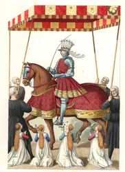 Kong Louis XII av Frankrike (1462-1515), etter en miniatyr av Jean Marot (eller Desmarets, ca. 1450-ca. 1526) - Litografi fra en illustrasjon av Edmond Lechevallier-Chevignard (1825-1902), fra "historiske kostymer fra det 16.