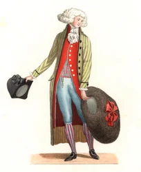 Ung fransk mann i mote på 1700-tallet - Litografi basert på en illustrasjon av Edmond Lechevallier-Chevignard (1825-1902), fra "Costumes historiques des 16th"