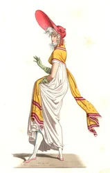 Ung fransk kvinne kledd i 1700-talls mote, etter et maleri av Carle Vernet (1758-1836) - Litografi etter en illustrasjon av Edmond Lechevallier-Chevignard (1825-1902), fra "Costumes historiques des 16th"