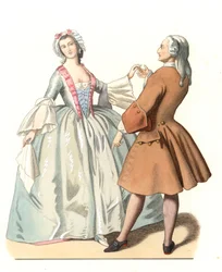 Dansemester og en ung venetianer, danselecon i Italia på 1700-tallet, basert på et maleri av Pietro Longhi (1701-1785) - Litografi basert på en illustrasjon av Edmond Lechevallier-Chevignard (1825-1902), hentet fra "" Historical Costumes of den 1