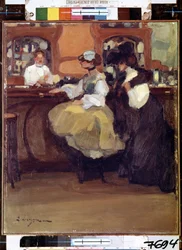 Belle Epoque: ""Tabarin-baren"" Kunder ved skranken til anmeldelsesrommet (Bal) i Pigalle-distriktet i Paris. Maleri av Edmond Lempereur (1876-1909) 1905 Hermitage Museum, Saint Petersburg (Saint-Petersbourg)