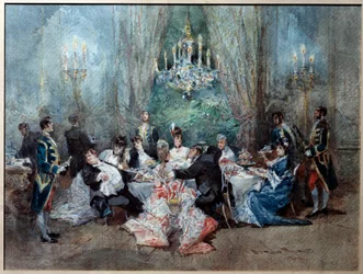 Måltidsscene. Illustrasjon for scene 10 av akt II av "" The Reveillon"" av Henri (Henry) Meilhac (1830-1897) og Ludovic Halevy (1834-1908) ved Det kongelige slott