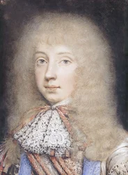 Portrett av Edward Stuart, bystelengde, med flytende hår og blonder,