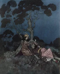 Skjønnheten og udyret: Skjønnheten som ble skremt av udyret ligger i nærheten av henne, ca. 1910 (litografi)
