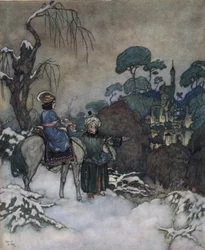 Skjønnheten og udyret: Belle, som har gått med på å ta plassen til sin far, som er fanget i Bete, for å befri ham, drar mot slottet, ca. 1910 (litografi)