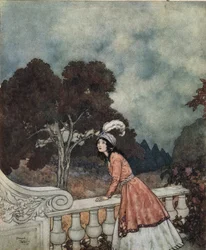 Blåskjegg: Blåskjeggs unge kone, Fatima, spør søsteren Anne om hun ser brødrene sine fra tårnet, ca. 1910 (litografi)