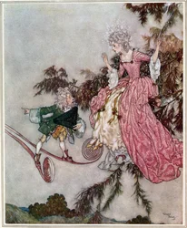 Men nyheten om det ble brakt til henne av en liten dverg som eide et par 7-ligastøvler. Illustrasjon fra Tornerose, utgitt i 1910 (fargelitografi).