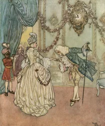 Askepott: Den unge Askepott kom for å delta på ballet takket være gudmoren sin, da hun møtte prinsen som kysset hånden hennes ca. 1910 (litografi)