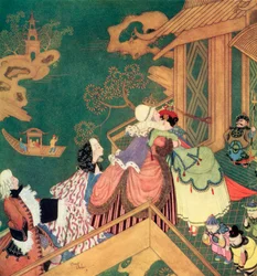 «Laideronnette kysset og omfavnet den gode beskytterfeen», illustrasjon til det franske eventyret Den grønne slangen, fra Edmund Dulacs Fairy-Book: Eventyr fra de allierte nasjonene, utgitt 1916