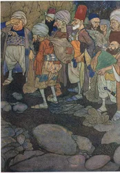 Noen av de førti tyvene, illustrasjon fra «Ali Baba og de førti tyvene» (fargelitografi)