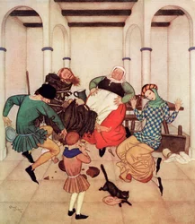 «Munken, bundet fast til pålen, vred og vrikket på seg og viste tydelig at han ville løpe sin vei hvis han kunne», illustrasjon til det engelske eventyret Munken og gutten, fra Edmund Dulacs Fairy-Book: Eventyr fra de allierte nasjonene, utgitt 1916