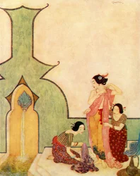 Damen fra Bedr-el-budur kommer til badet, illustrasjon fra «Aladdin og den fantastiske lampen»