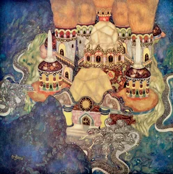 «Dragekongens palass», illustrasjon til det serbiske eventyret Historien om Bashtchelik, fra Edmund Dulacs eventyrbok: Eventyr fra de allierte nasjonene, utgitt 1916