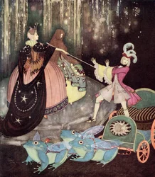 «Prinsen tok en vogn trukket av tre store frosker med enorme vinger. Truitonne kom på mystisk vis ut gjennom en liten dør», illustrasjon til det franske eventyret Den blå fuglen, fra Edmund Dulacs Fairy-Book: Eventyr fra de allierte nasjonene, utgitt 191