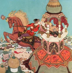 «Den kastanjebrune hesten syntes å bli hengende i luften på toppen av spranget så lenge kysset varte», illustrasjon fra det russiske eventyret Ivan og den kastanjebrune hesten, fra Edmund Dulacs Eventyrbok: Eventyr fra de allierte nasjonene, utgitt 1916