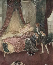 Tornerose: Prins Charming oppdager den sovende jenta, ca. 1910 (litografi)
