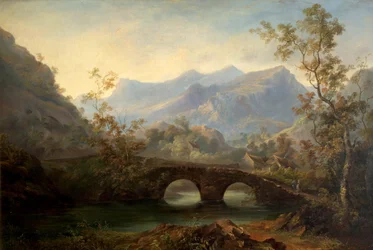 Fjelllandskap med elv, bro og hytter, 1800-tallet