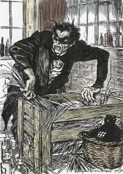 Dr. jekyll søker desperat etter pulveret som lar ham forringe karakteren hans som Mr Hyde, Illustrasjon av Edmund Joseph Sullivan (1869-1933) for romanen L'Etrange Cas du dr Jekyll et de Mr Hyde"" av Robert Louis Stevenson (1850-1894) ) 1927 