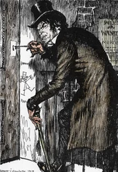 Mr Hyde vender hjem etter en natt med eventyr for å ta motgiften og gjenoppta utseendet til Dr Jekyll, Illustrasjon av Edmund Joseph Sullivan (1869-1933) for romanen L'Etrange Cas du dr Jekyll et de Mr Hyde”” av Robert Louis Stevenson (1850-1894)