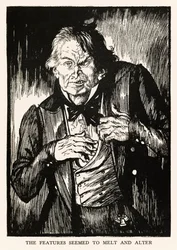 Funksjonene så ut til å smelte og endre seg" fra "Strange Case of Dr Jekyll and Mr Hyde" av Robert Louis Stevenson (1850-1894) illustrert av E. J. Sullivan (1869-1933)