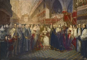 Dronning Victorias kroning i Westminster Abbey i London den 28. juni 1838 - kroningen av Victoria, dronning av Storbritannia og Irland (1819-1901), i Westminster Abbey