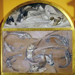Diptych: Fisk og ender i en dam (tempera på kortet)