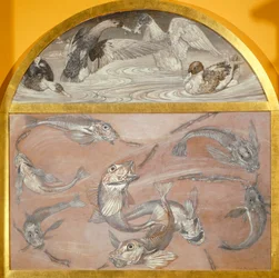Diptyk med fisk og ender i dammen (tempera på kortet,)