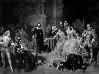 William Shakespeare (1564-1616) ved hoffet til dronning Elizabeth I, gravert av Pierre Cottin, ca. 1864 (mezzotint)