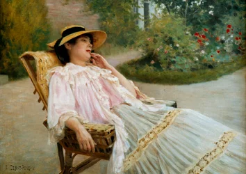 Blunden Madame Edouard Debat Ponson på terrassen. Maleri av Edouard Debat Ponsan (1847-1913)