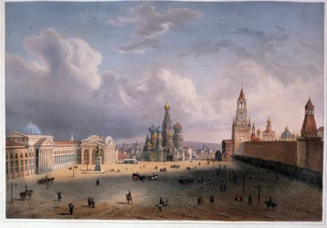 Utsikt over Den røde plass i Moskva (Russland). Verk av Edouard Jean Marie Hostein (1804-1889), litografi farget med akvarell, ca 1830, fransk kunst fra 1800-tallet. A. Pushkin Memorial Museum, St. Petersburg.