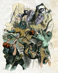 Illustrasjon av Edouard Frere (1797–1874) og Theodore Lix (1830–1897) for «Ivanhoe» av Walter Scott (1771–1832), skotsk forfatter: Slagscene, beleiring av slottet.