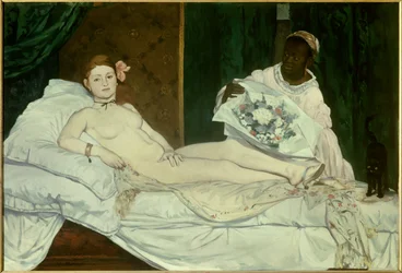 Olympia Ung kvinne naken på en seng med sin svarte hushjelp som gir henne en bukett blomster. Maleri av Edouard Manet (1832-1883) 1863 Søn. 1,3x1,9 m Paris, musee d