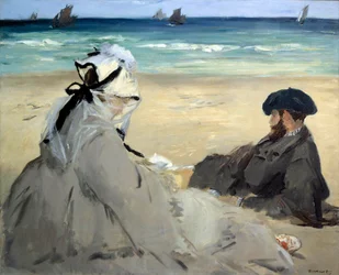 På stranden Representasjon av Suzanne Manet, kona til kunstneren og broren Eugene på Berck sur mer-stranden (Berck-sur-Mer). Maleri av Edouard Manet (1832-1883) Ete 1873 Søn. 0,59x0,73 m Paris musee d