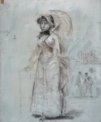 Kvinne som går med en åpen paraply, 1880