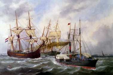 To trailere med tre matter av Le Neptune au Havre i 1882 Maleri av Edouard Adam (1847-1929) 1882 Paris, Musee de la Marine