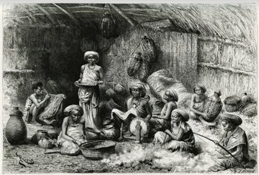 En ettermiddag på favoritten til sjeiken fra Gobrons, kvinneaktiviteter: broderi og spinning av ull, flettet og keramikk. Gravering av Riou, for å illustrere historien "" Voyage chez les Benadir, les somalis et les Bayoun"", i 1882-1883, av Georges Rev.