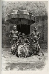 Ardjoumani (død 1892) og sønnene hans, konge av Bondoukou (Elfenbenskysten). Gravering av Riou, for å illustrere historien "" Fra Niger til Guineebukta"" av kaptein Louis Gustave Binger (1856-1936), i 1887-1889, i Le tour du monde, nouveau journal des voya