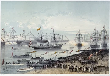 Ankomst av Hans Majestet Keiseren av Østerrike til Port Said i "" Innvielse av Suez-kanalen av G. Nicole. 1869