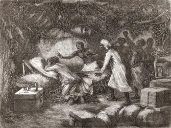 Dr. Livingstones død i landsbyen Tchitammbo, Afrika, i 1873, illustrasjon fra "The World in the Hands", publisert 1878