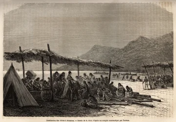 Utdeling av mat i Keauhou, etter jordskjelvet og vulkanutbruddet i 1868, for ofrene for katastrofen, gravering etter tegningen av E.Riou, som illustrerer reisen til Sandwichøyene, i 1855-1869, av C. de Varigny, publisert i "" Le