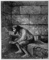 Edmond Dantès, greven av Monte Cristo (Monte Cristo) i fengselet sitt - gravering av Riou, i Greven av Monte Cristo av Alexandre Dumas, Rouff & Cie