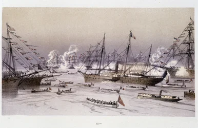 Ørnens inngang til Port Said for innvielsen av Suez-kanalen - i "Through the Isthmus of Suez"" av Riou, Marius Fontaine